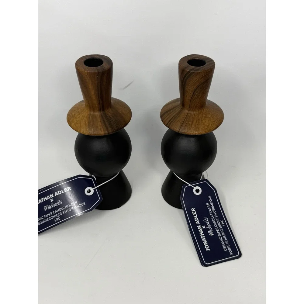Jonathan Adler X Michaels Ceramic Brown Black Candle Stick Holder Pair NWT